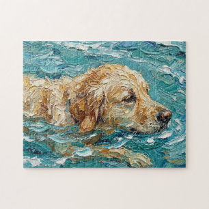 Golden Retriever Swimming I Turquoise Blue Color Jigsaw Puzzle