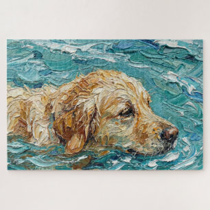 Golden Retriever Swimming I Turquoise Blue Color Jigsaw Puzzle
