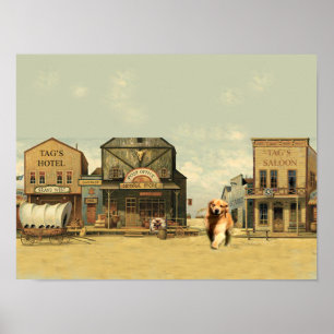 Golden Retriever Tag In Western Town Poster