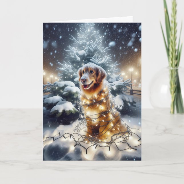 Golden Retriever Tangled In Christmas Lights Holiday Card (Front)
