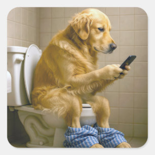 Golden Retriever Texting on a Toilet Square Sticker