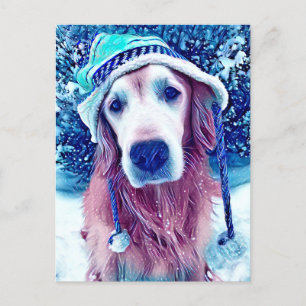 Golden Retriever Vibrant Blue Winter Wishes Art Postcard