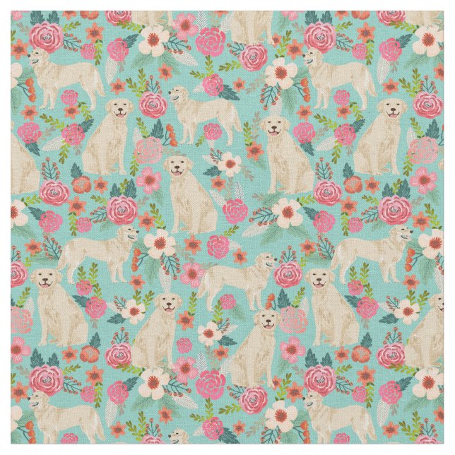 golden retriever vintage florals mint fabric (Close Up)