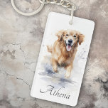 Golden retriever watercolor custom name text key ring<br><div class="desc">Keyring featuring a beautiful watercolor painting of a Golden retriever running through water and customisable text,  for example a name.</div>