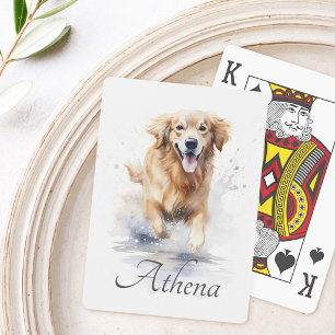 Golden retriever watercolor custom name text playing cards