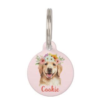 Golden Retriever Watercolor Flower Round Pet Tag
