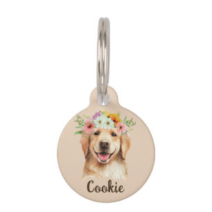 Golden Retriever Watercolor Flower Round Pet Tag