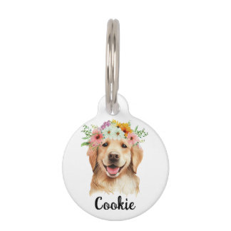 Golden Retriever Watercolor Flower Round Pet Tag