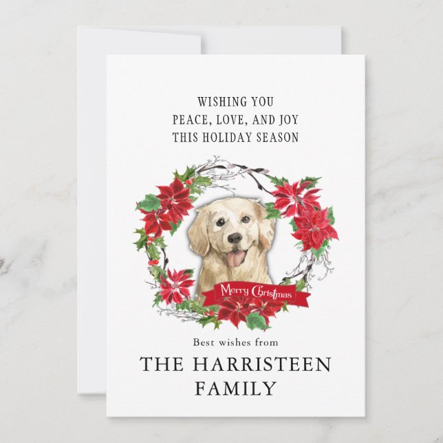 Golden Retriever Watercolor Poinsettia Christmas Holiday Card (Front)