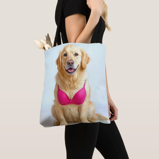 Golden Retriever Wearing a Pink Bra Tote Bag (Close Up)