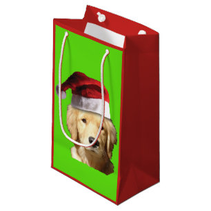 Golden Retriever Wearing a Santa Claus Hat Small Gift Bag