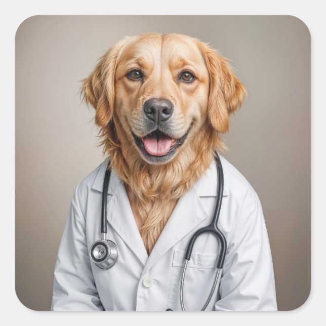 Golden Retriever Wearing a White Doctor's Coat Square Sticker (Front)