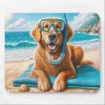 Golden Retriever Wearing Scuba Diving Gear Mouse Pad<br><div class="desc">A golden retriever wearing snorkelling gear lies on a towel at a sunny beach with blue skies and gentle waves in the background</div>