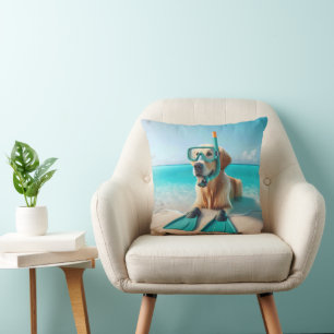 Golden Retriever Wearing Snorkel and Flippers Cushion