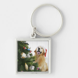 Golden retriever which watches Christmas tree Key Ring