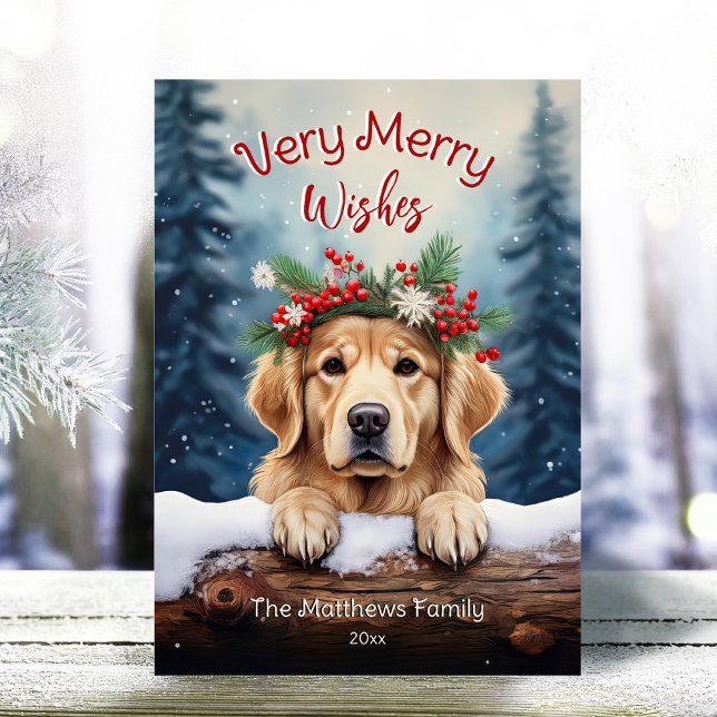 Golden Retriever Winter Pet Portrait Very Merry Holiday Card (Adorable Winter Snowy Scene With Peeking Dogs or Farm/Woodland Animals - Over 50 to Choose From!)