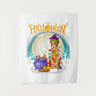 Golden Retriever Witch Costumes Halloween Lights Tapestry