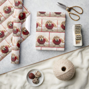 Golden Retriever With a Red Heart Pillow Wrapping Paper