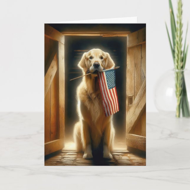 Golden Retriever With American Flag Card (Front)