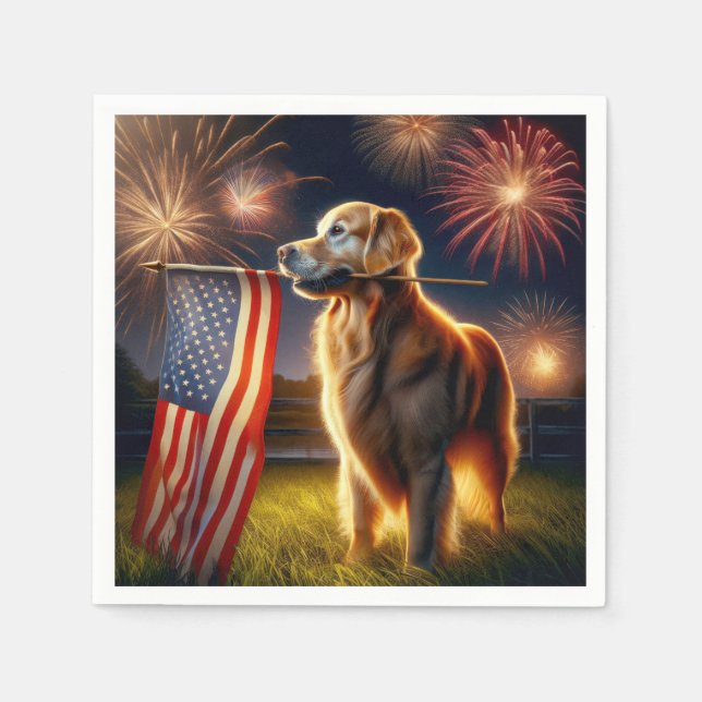 Golden Retriever With American Flag Napkin (Front)
