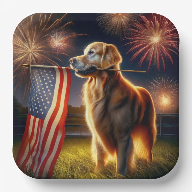Golden Retriever With American Flag Paper Plate (Front)