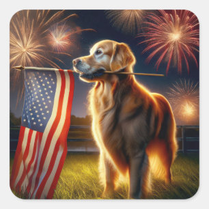 Golden Retriever With American Flag Square Sticker