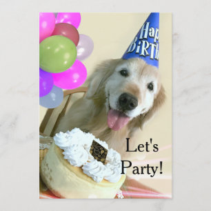 Golden Retriever With Cake and Balloons Birthday Invitation