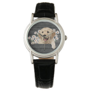 Golden Retriever with daisies on wood Watch