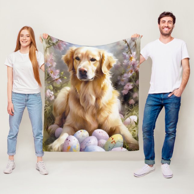 Golden Retriever with Easter Eggs Fleece Blanket (In Situ)