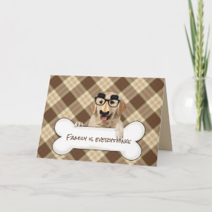 golden retriever with funny mask on bone card