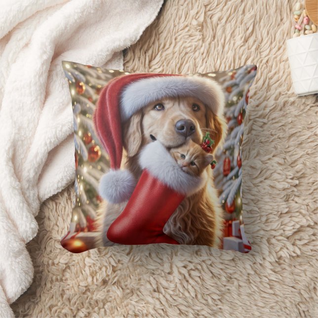 Golden Retriever With Ginger Kitten In a Stocking Cushion (Blanket)