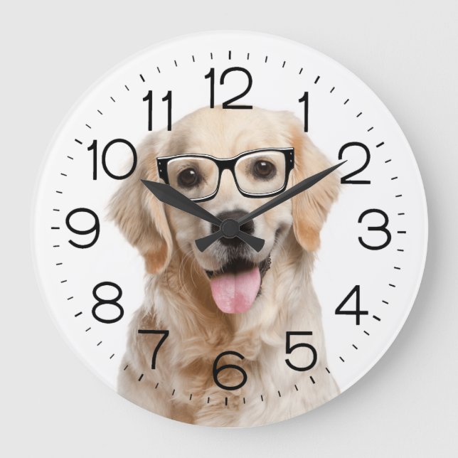 Golden Retriever with Glasses Large Clock (Front)