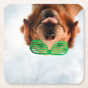Golden Retriever With Green Sunglasses Square Paper Coaster