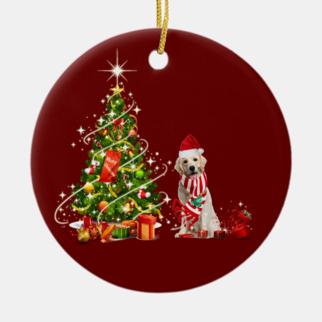 golden retriever With Hat Scaft Christmas Ceramic Tree Decoration (Front)