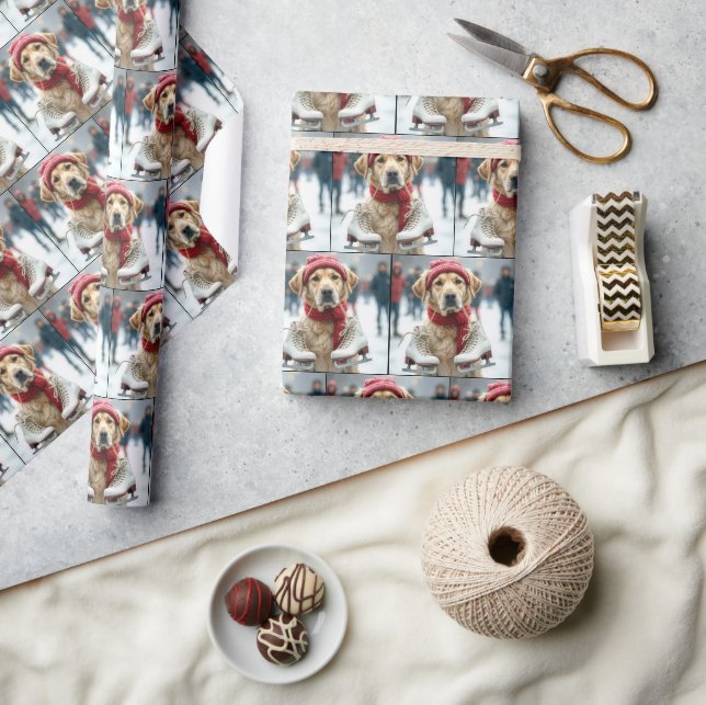 Golden Retriever With Ice Skates Wrapping Paper (Crafts)