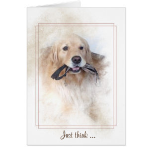 golden retriever with leash in mouth