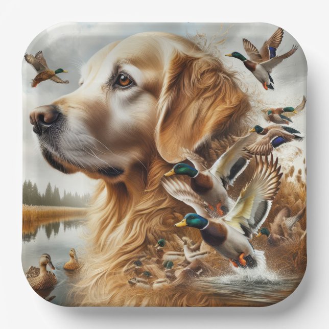 Golden Retriever With Mallard Ducks Paper Plate (Front)