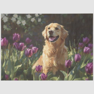 Golden Retriever with Purple Tulips Decoupage Tissue Paper
