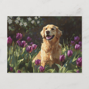 Golden Retriever with Purple Tulips Postcard