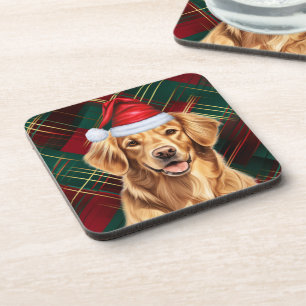 Golden Retriever with Red and Green Holiday Plaid Coaster