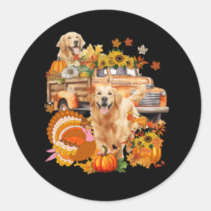 Golden Retriever With Red Plaid Truck Thanksgiving Classic Round Sticker