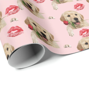 golden retriever with rose and kisses wrapping paper