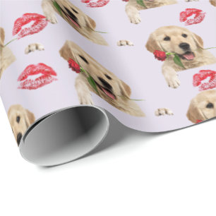 golden retriever with rose and kisses wrapping paper