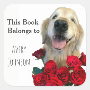 Golden Retriever With Roses Personalised Bookplate Square Sticker