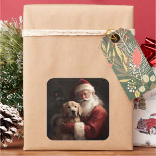 Golden Retriever With Santa Clause Christmas Square Sticker