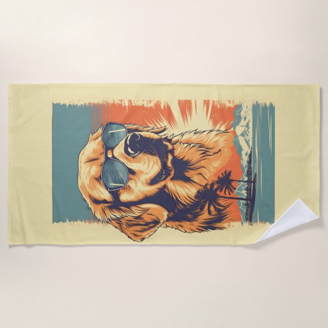 Golden-retriever with sunglasses at a beach towel (Front)