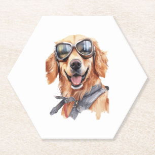Golden Retriever with Sunglasses Paper Coaster
