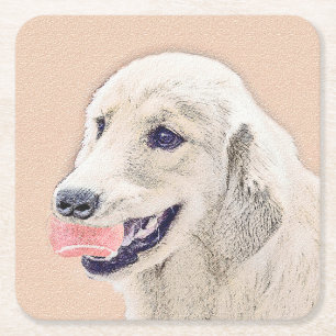 Golden Retriever with Tennis Ball Painting Dog Art Square Paper Coaster