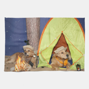 Golden Retrievers Camping Tea Towel