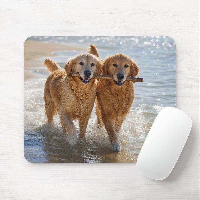 Golden Retrievers Carrying a Stick Mouse Pad (With Mouse)